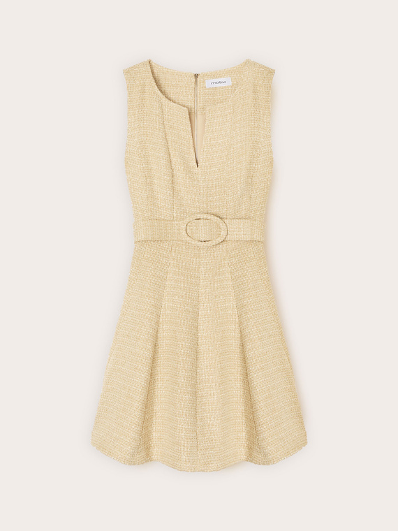 Flare dress in boucl&eacute; fabric with belt