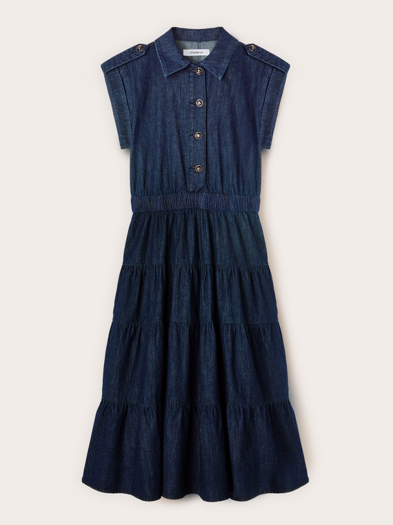 Vestido camisero de denim con falda de volantes