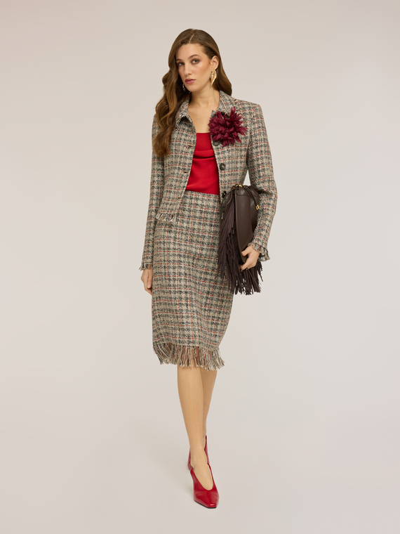 Boucl&eacute; pencil skirt with fringes