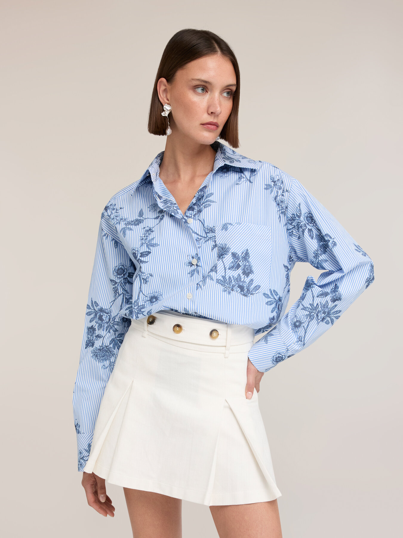Oversized striped shirt with floral print image number 1