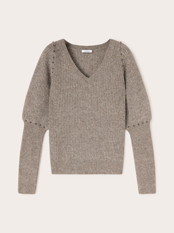 Wool blend sweater with puff sleeves and studs
