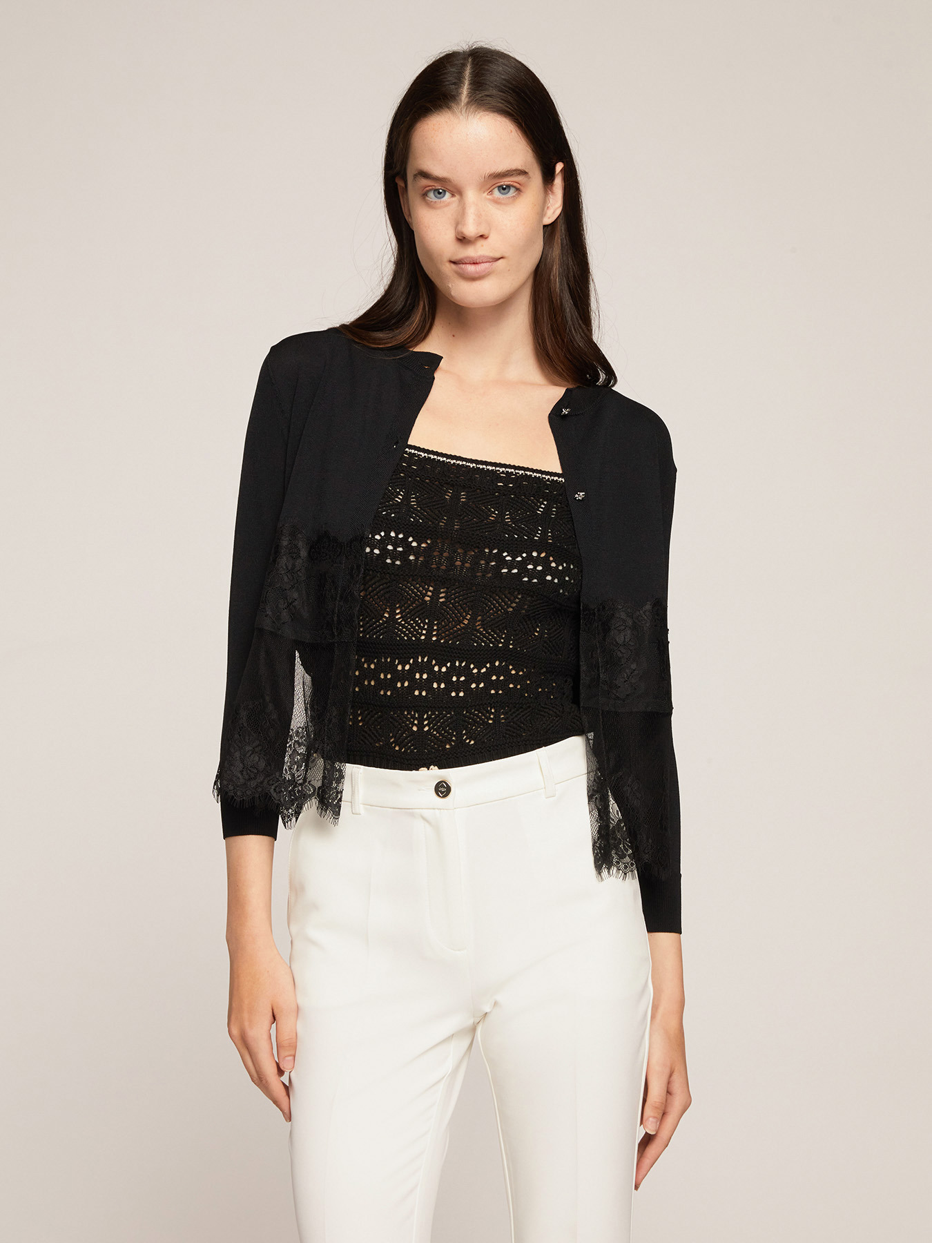 Cardigan con inserto in pizzo image number 0