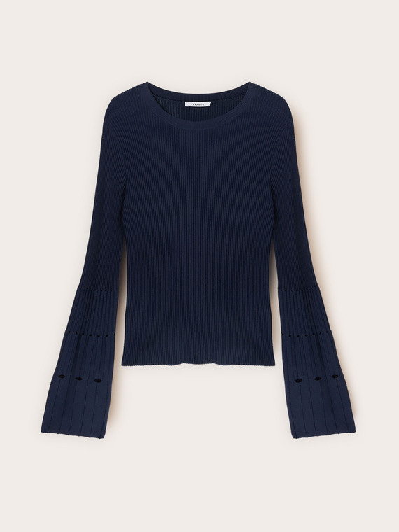 Ribbed viscose sweater with pleated cuff