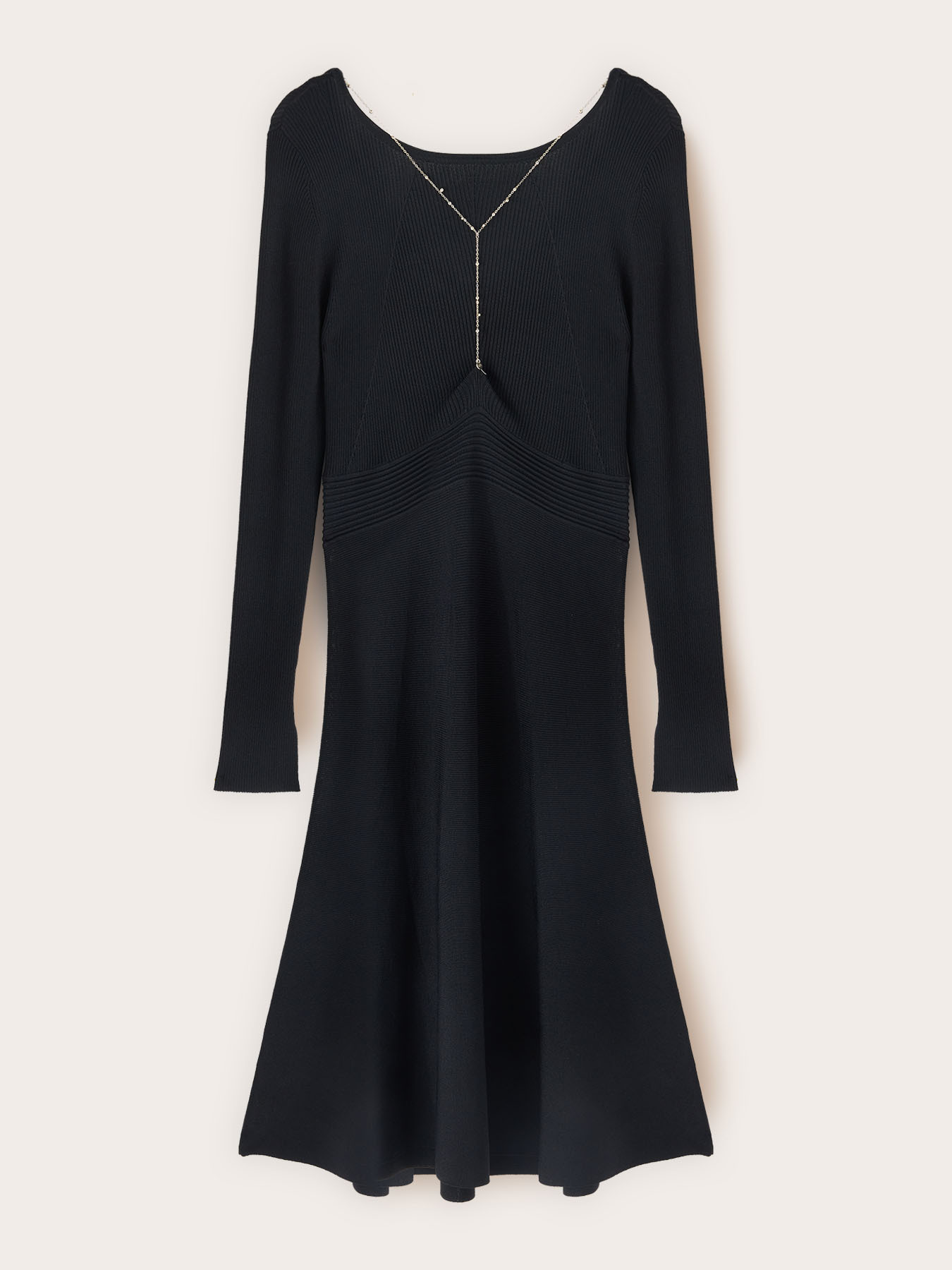 Flare ribbed knit dress with chain detail image number 4