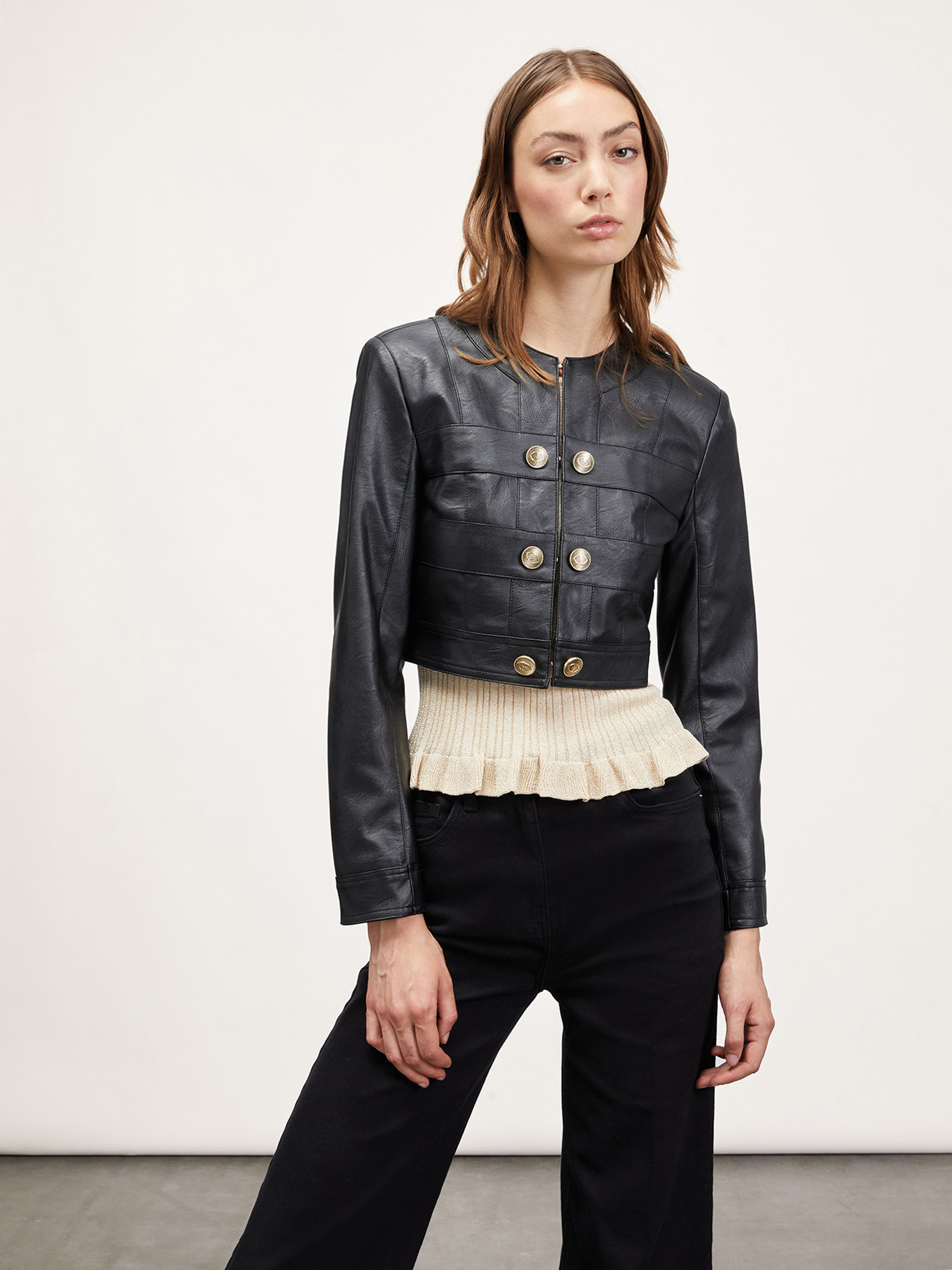 Bolero jacket in coated fabric with buttons image number 0