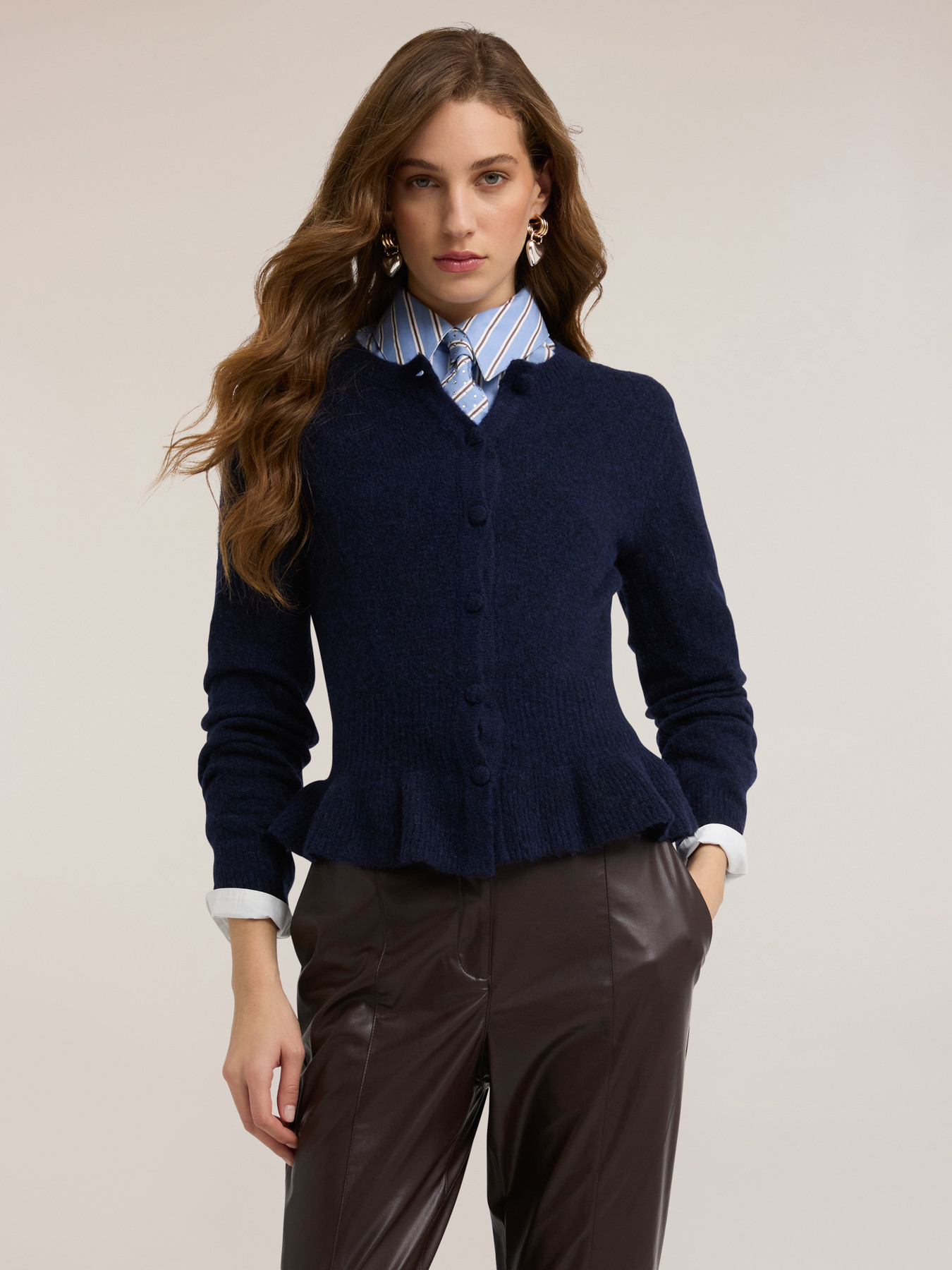 Cardigan &agrave; volant en maille m&eacute;lang&eacute;e laine image number 0