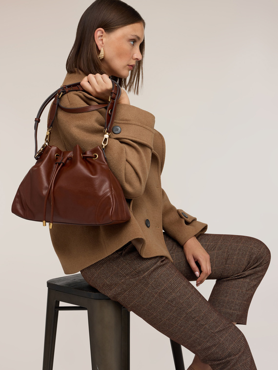 Bucket bag with drawstring and double shoulder strap