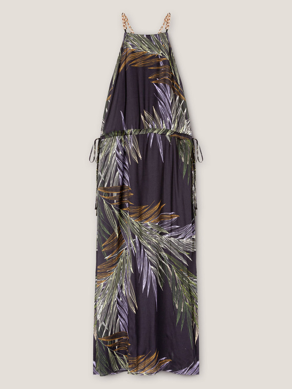 Rochie lungă de vară, imprimeu cu frunze