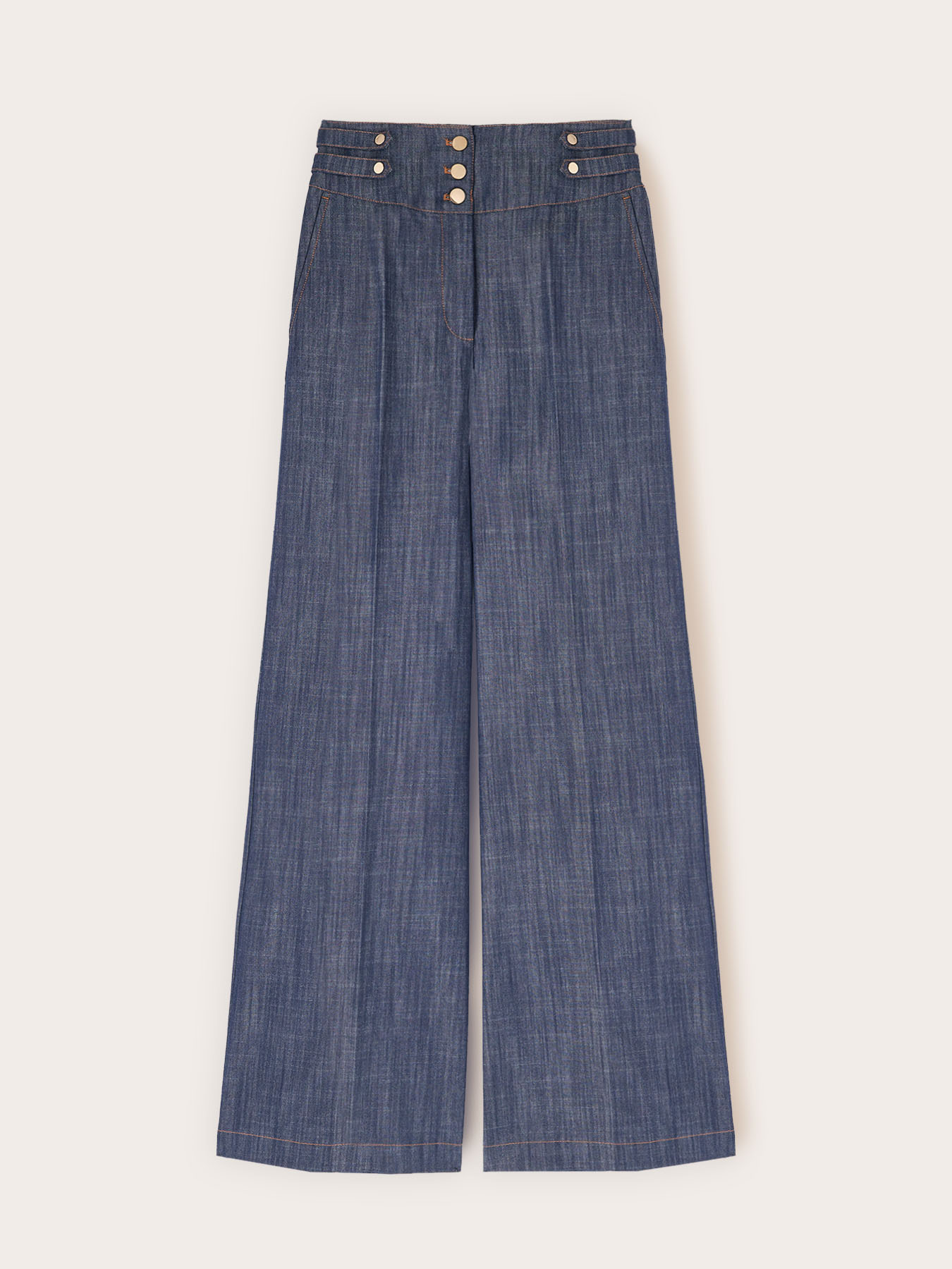 High-waisted palazzo jeans in denim with pleat image number 4
