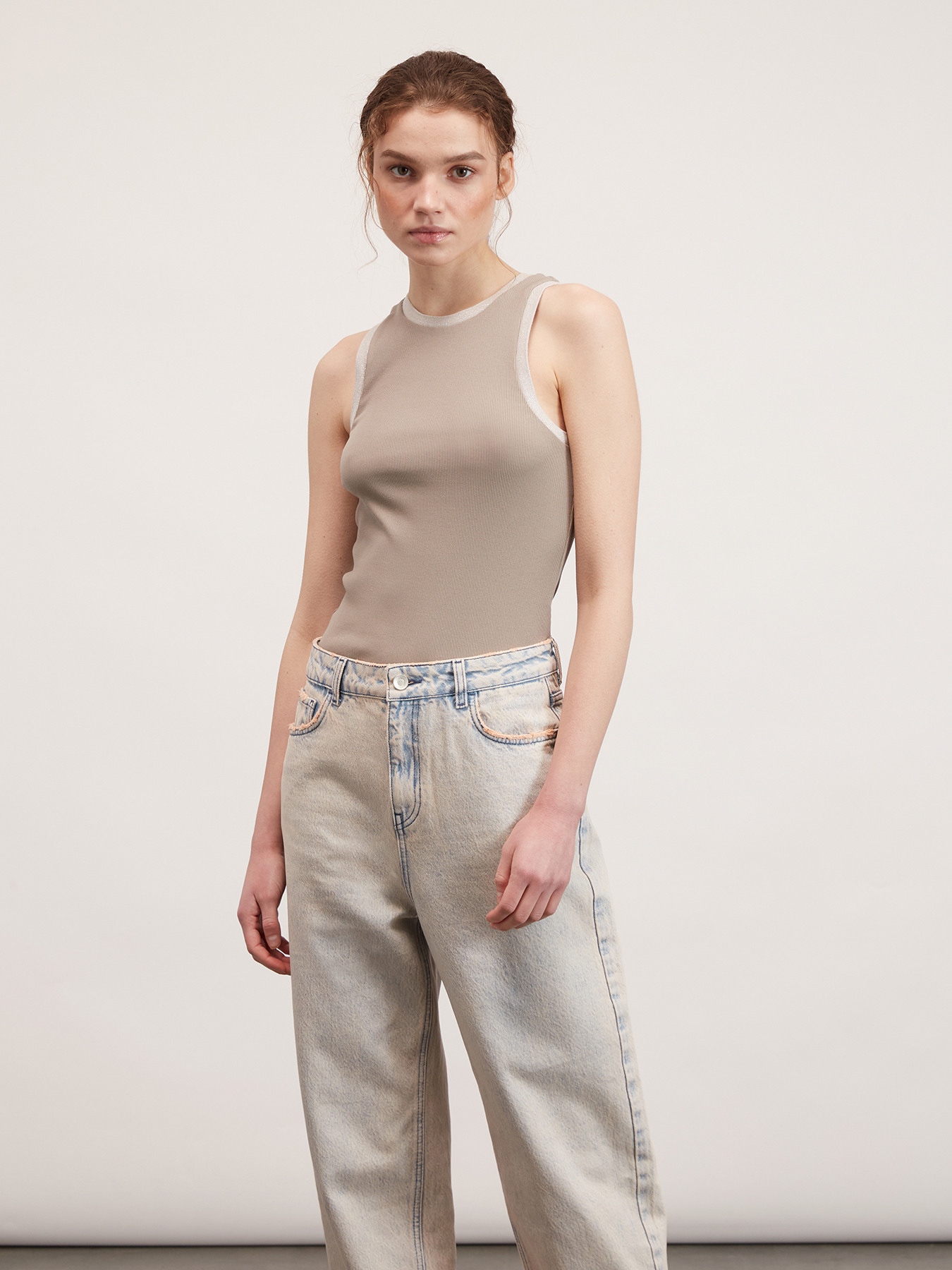 Geripptes Tanktop mit Lurex-Bord&uuml;ren image number 0