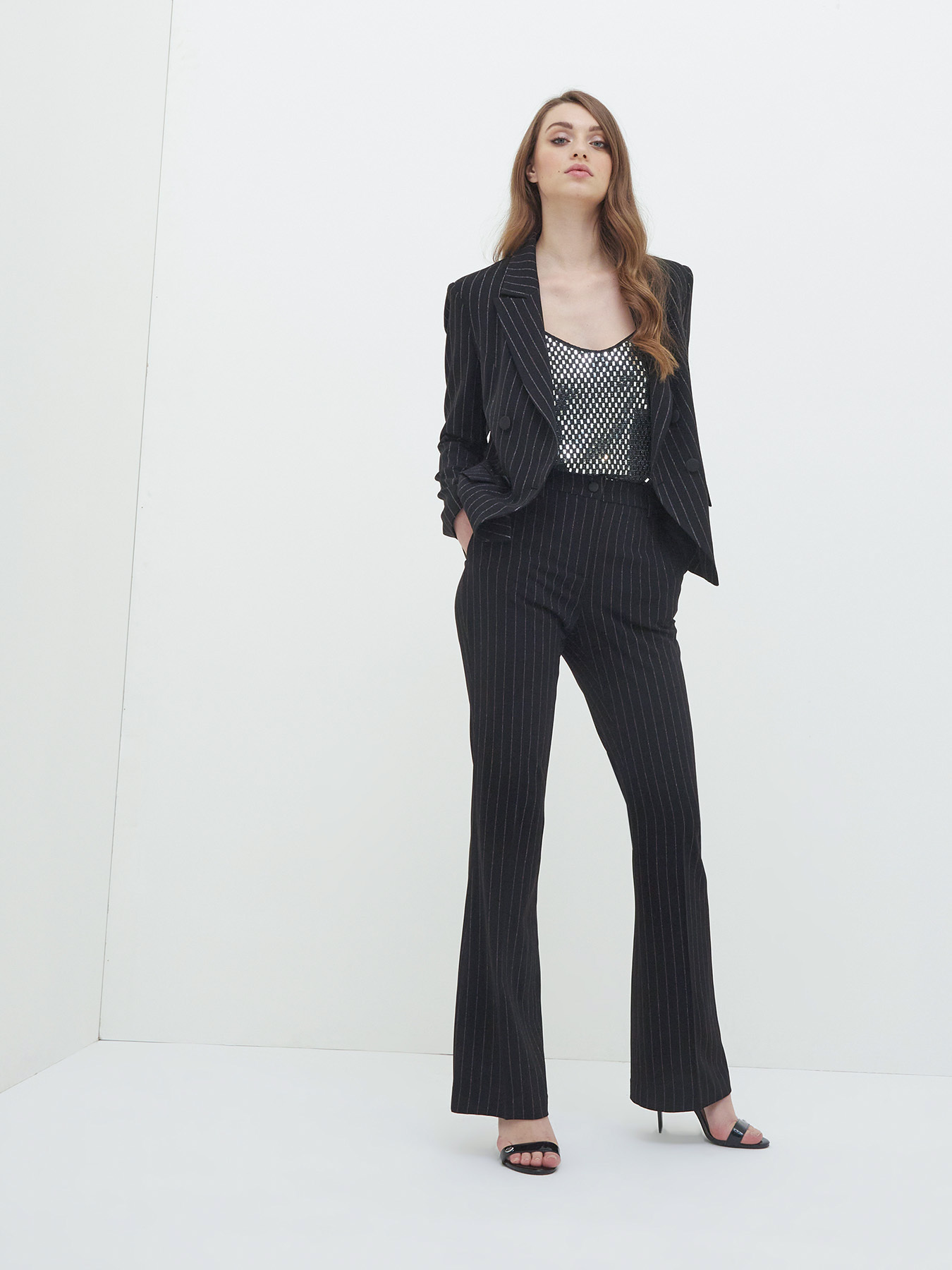 Pinstriped flared trousers image number 2