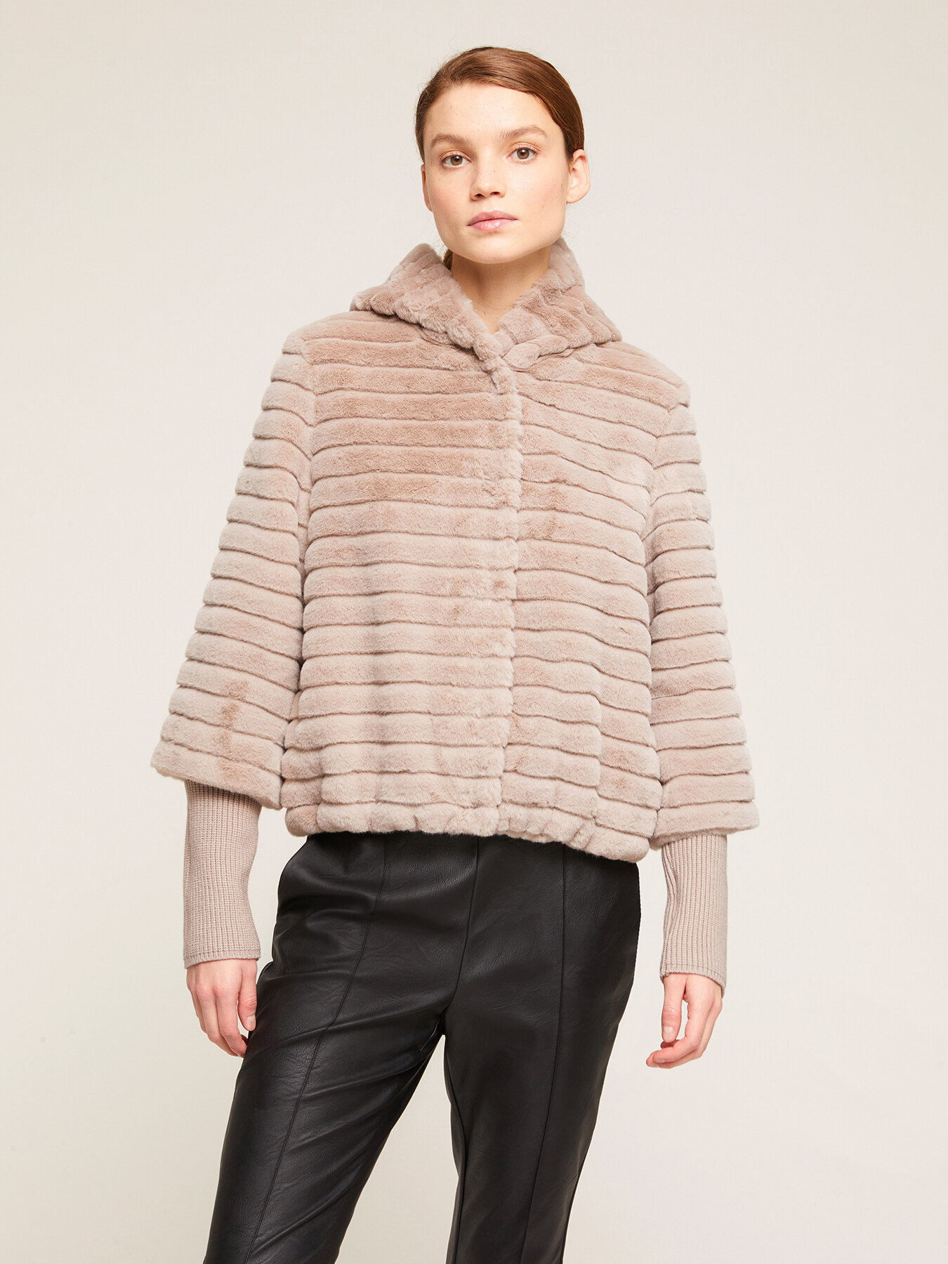 Faux fur winter jacket with knit cuffs image number 0