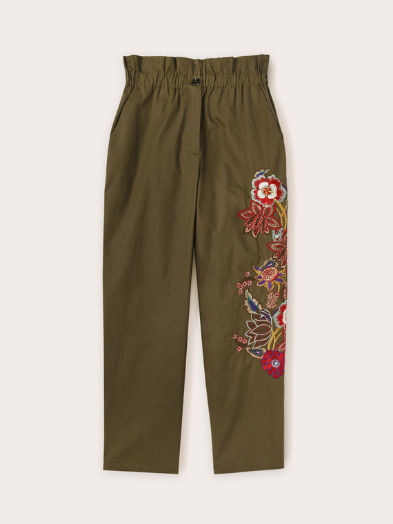 Paperbag trousers with floral embroidery