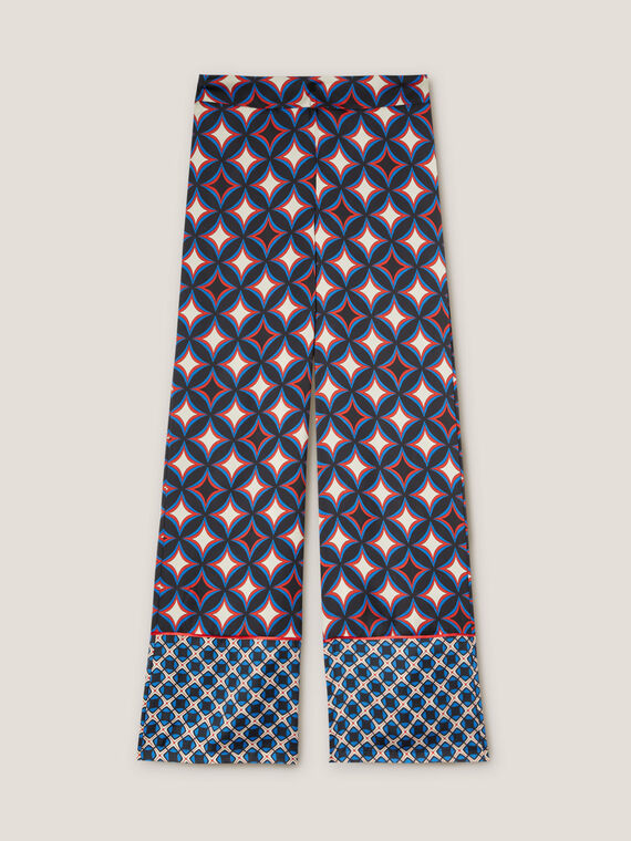 Pantalon large en satin motif géométrique