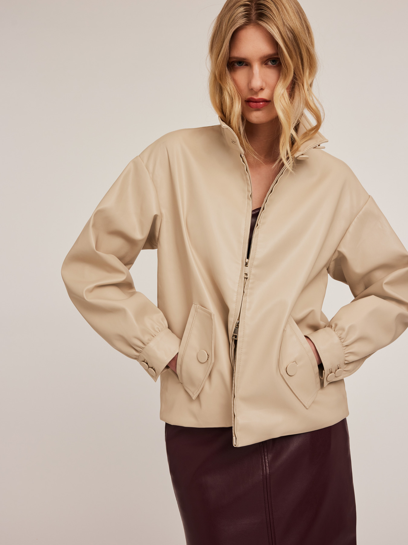 Nappa-effect coated fabric bomber jacket image number 0