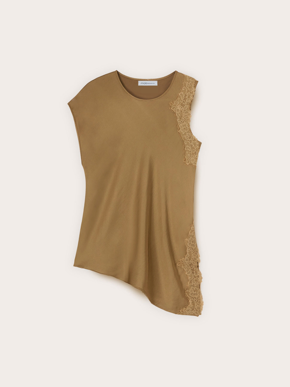 Asymmetric satin blouse with lace