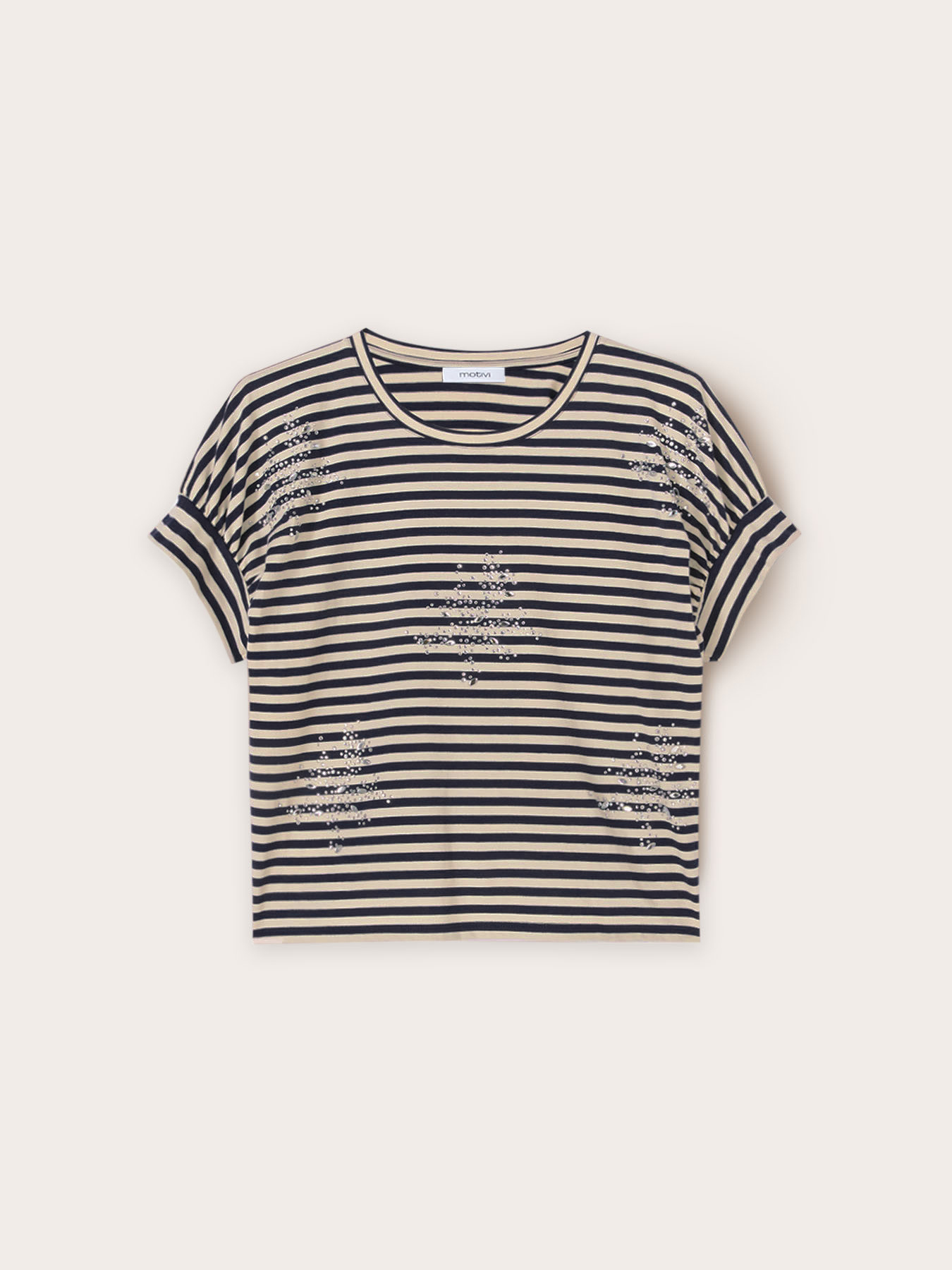 T-shirt a righe con strass e pietre image number 3