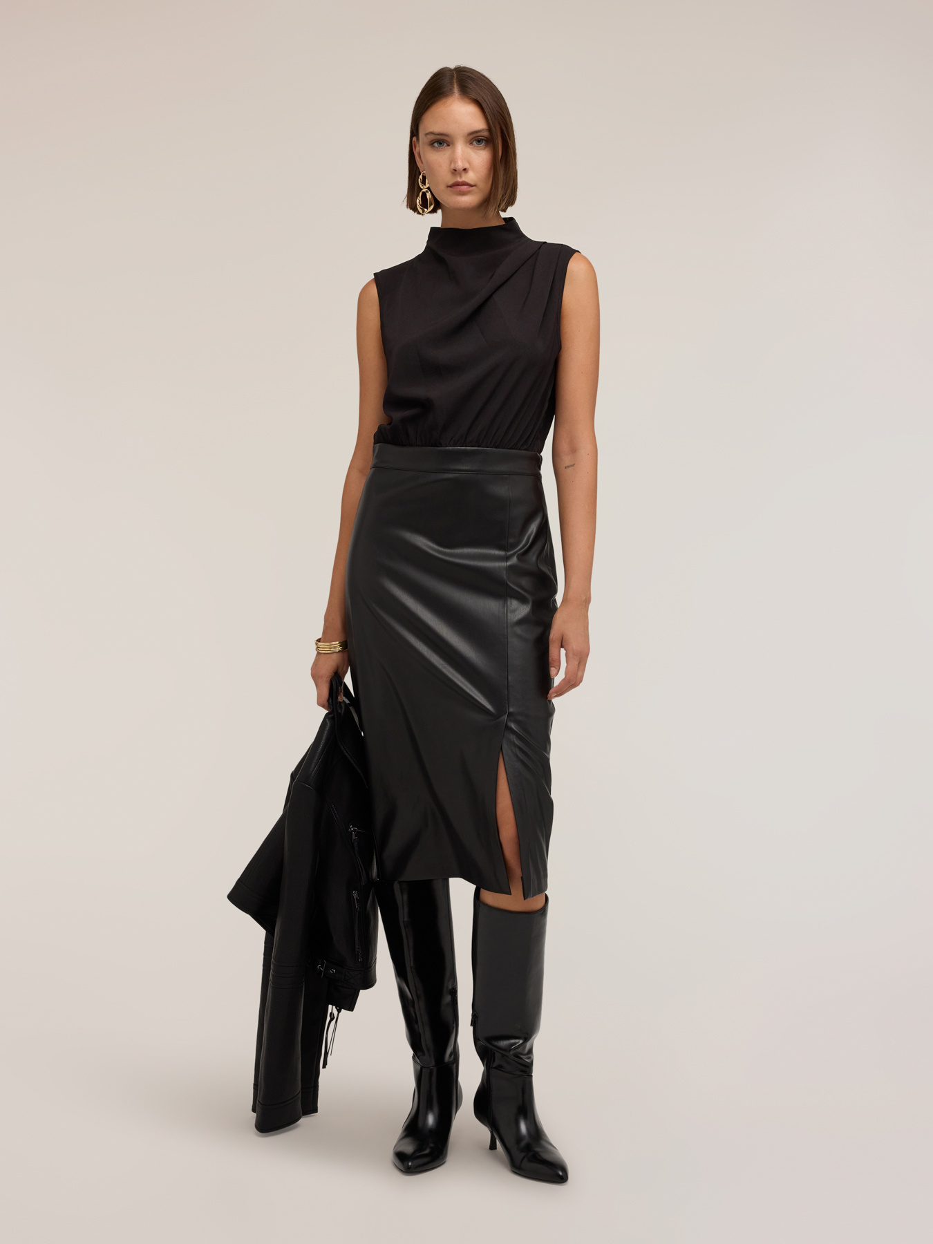Bi-material sheath dress with draping and slit image number 2
