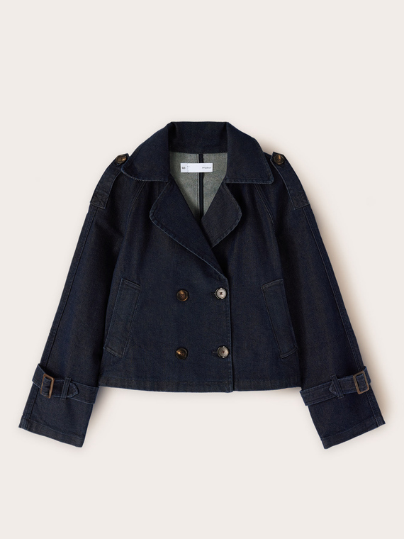 Short double-breasted denim trench coat