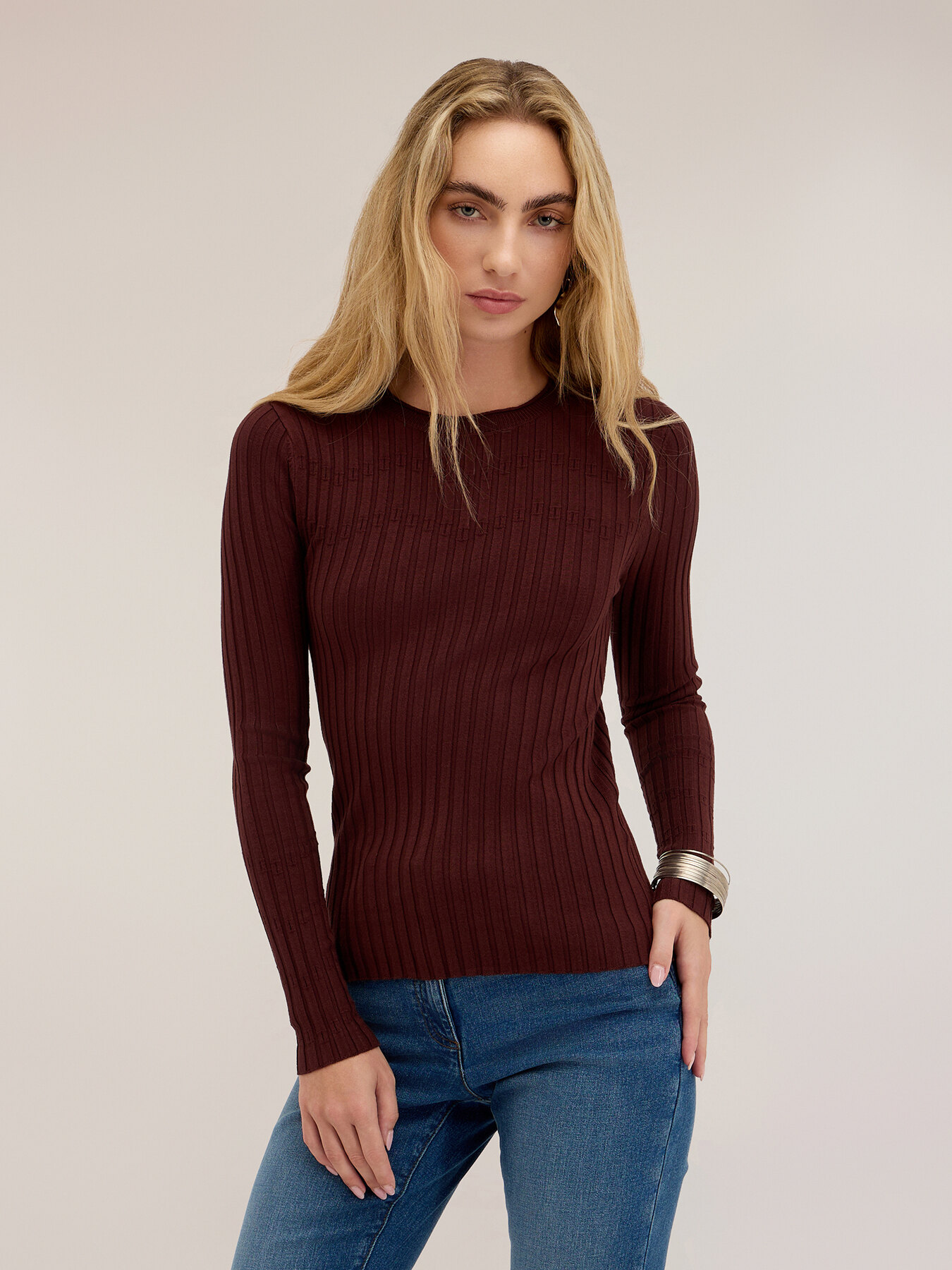 Flat rib knit sweater with flared cuff image number 0