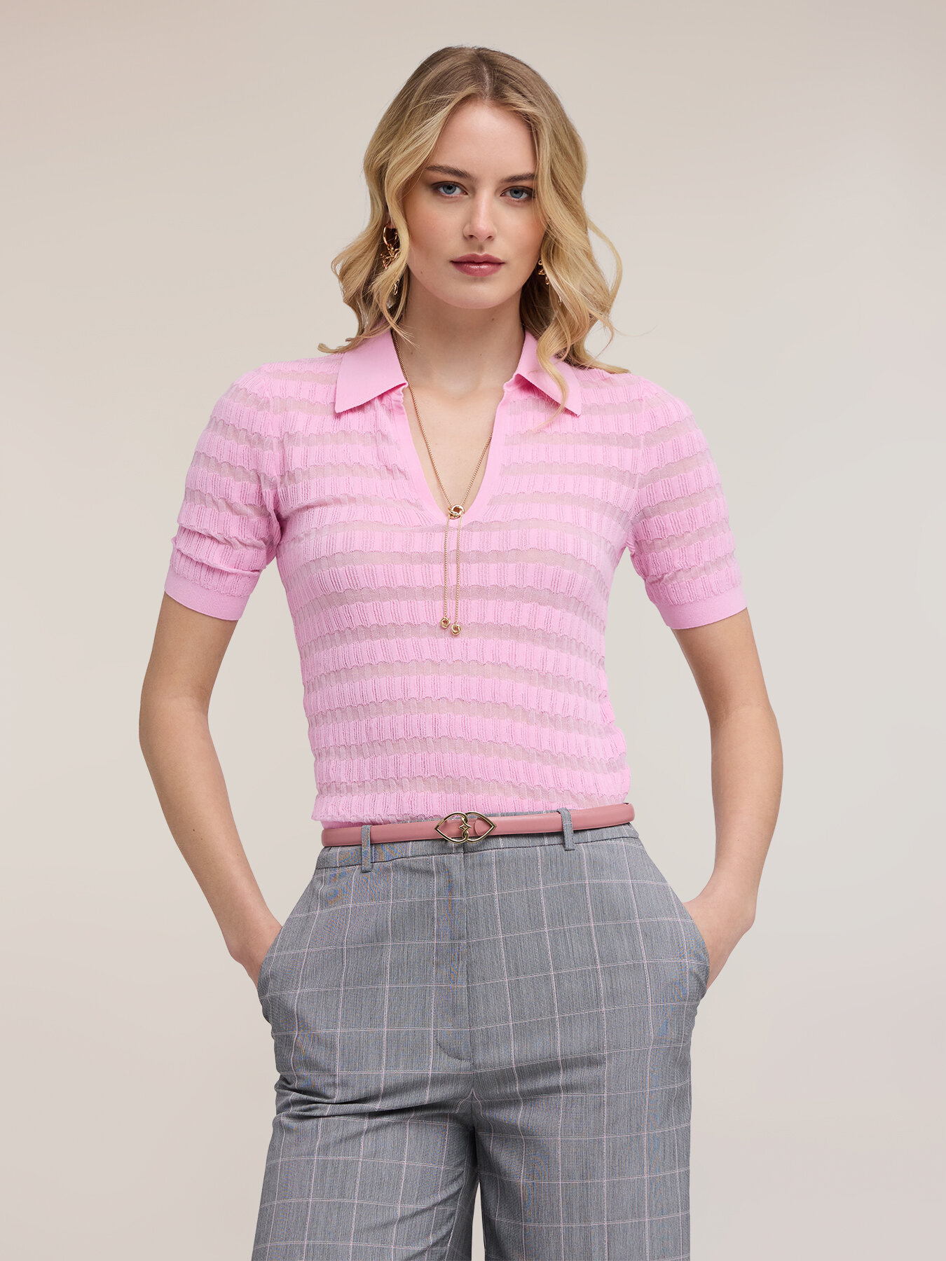 Polo aus feiner Strickware mit Ajour&eacute;-Verarbeitung image number 2