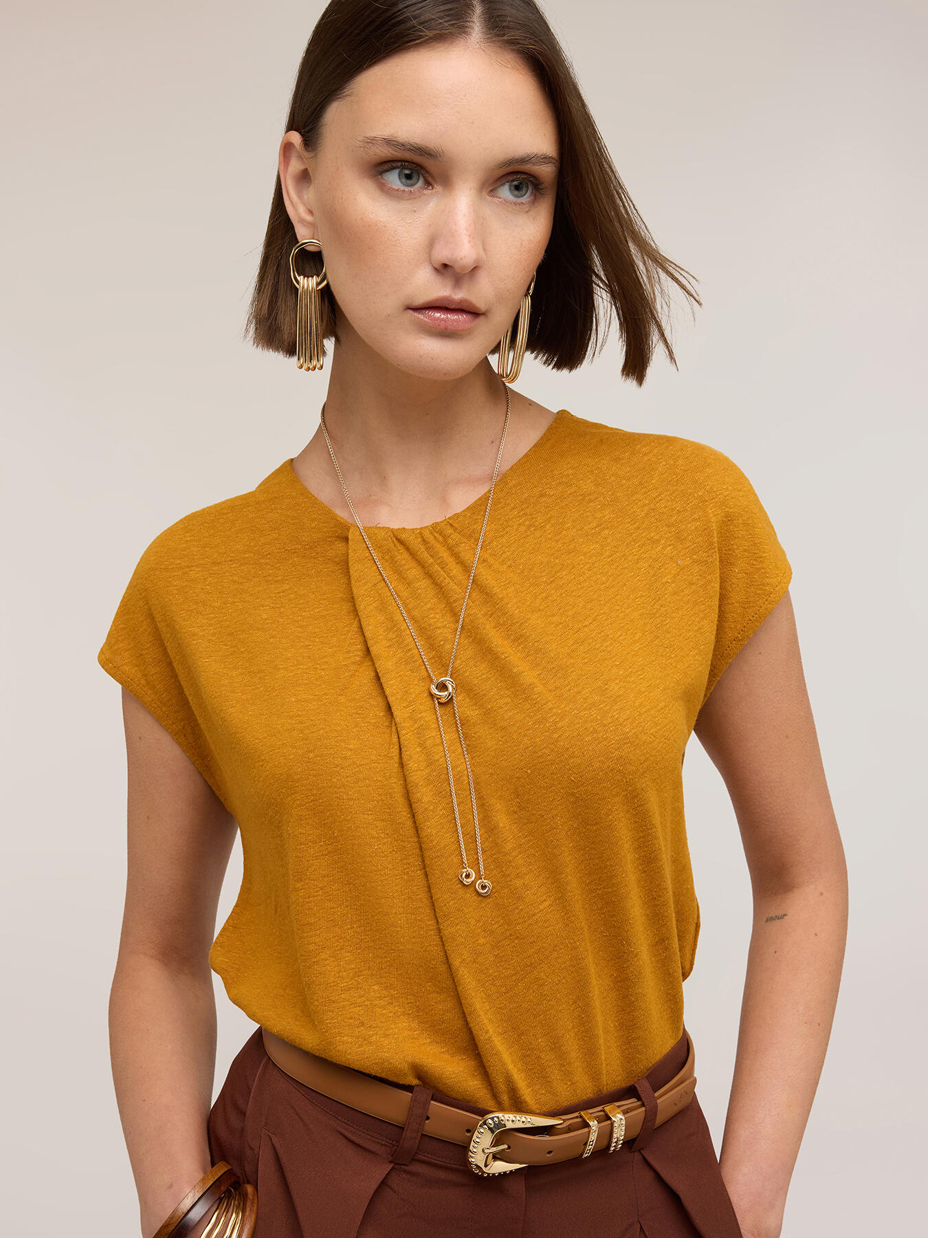 Mixed linen T-shirt with draping image number 2