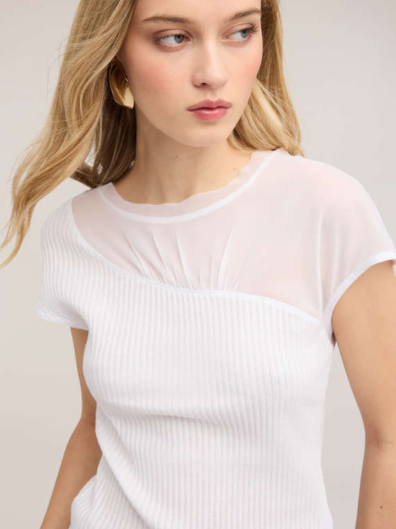 Bi-material t-shirt with draped insert
