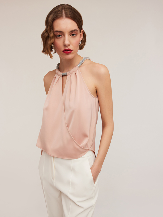 Motivi Top in raso con dettaglio collana Donna, Rosa, Taglia 38