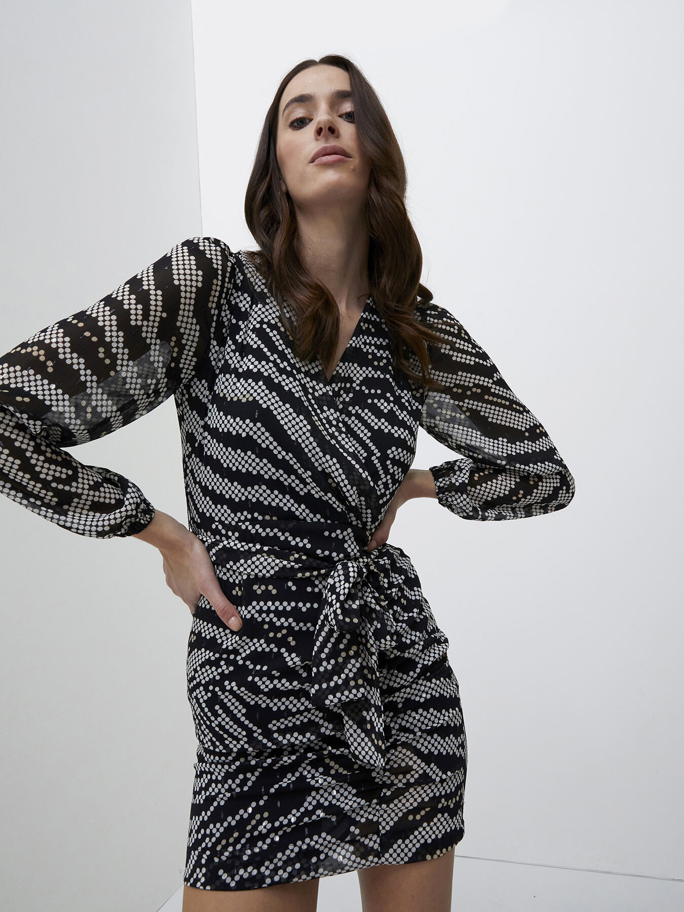 Optical patterned wraparound dress image number 0