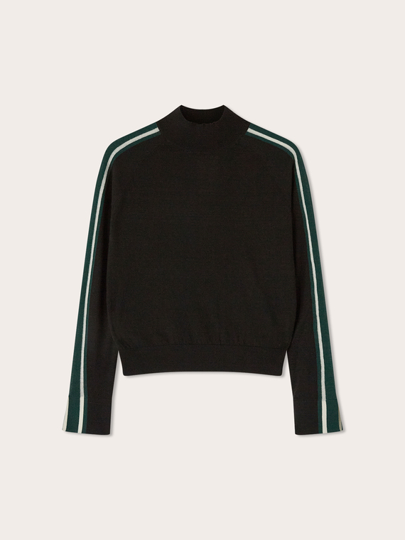 Rollkragenpullover aus Woll-Seide-Mix mit kontrastierenden Streifen