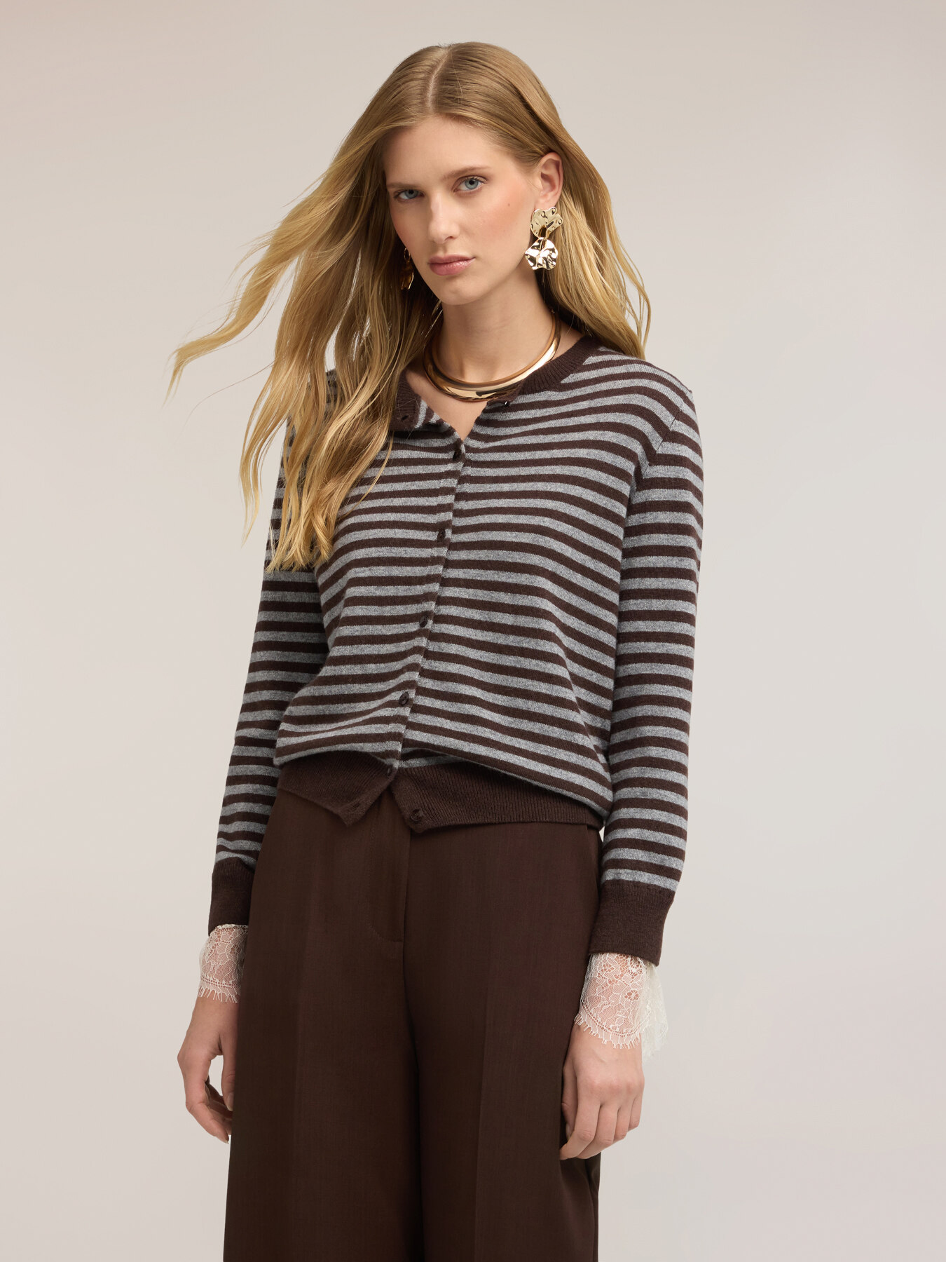Striped knit cardigan with lace cuffs image number 0