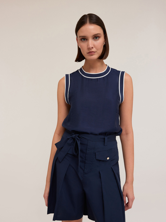 Motivi Top misto lyocell con bordi a coste Donna, Blu, Taglia 40