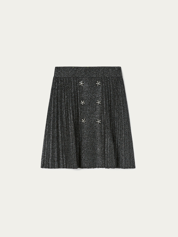 Pleated lurex knit skirt with jewel buttons