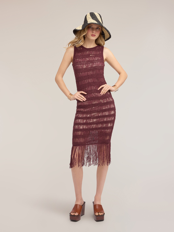 Macram&eacute; knit sheath dress with fringe
