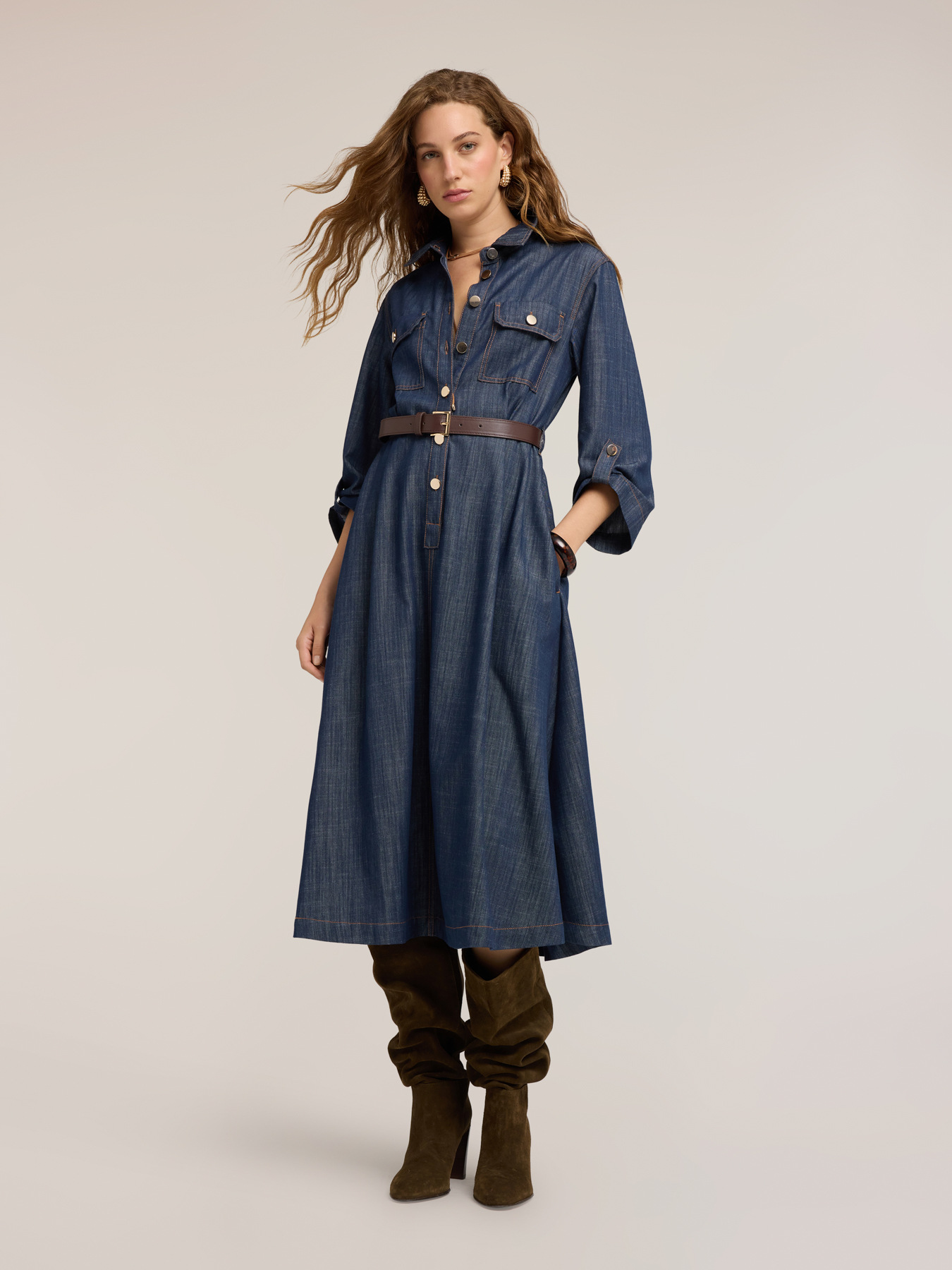Midi denim shirt dress with belt image number 2