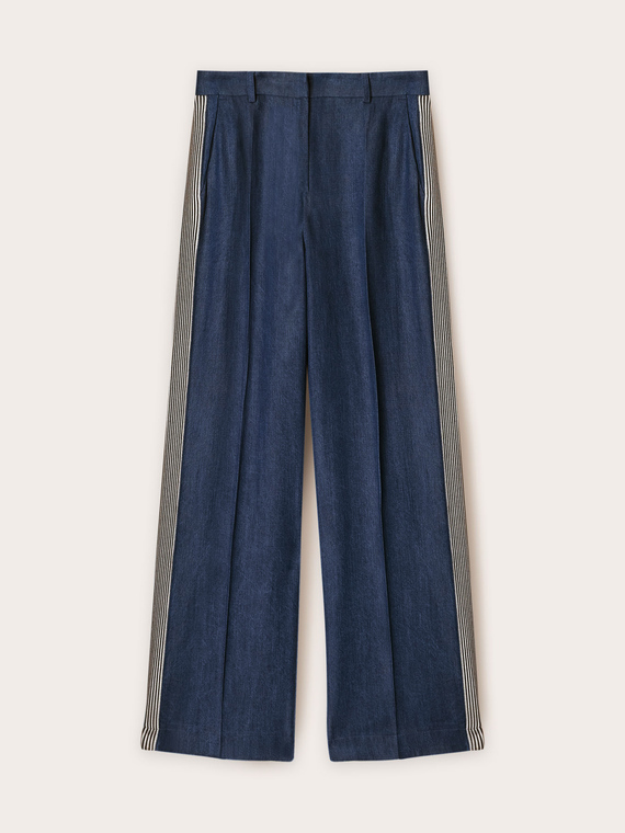 Pantaloni tip palazzo din denim cu benzi laterale