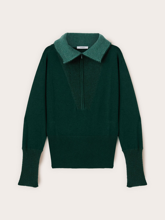 Mixed silk collar sweater