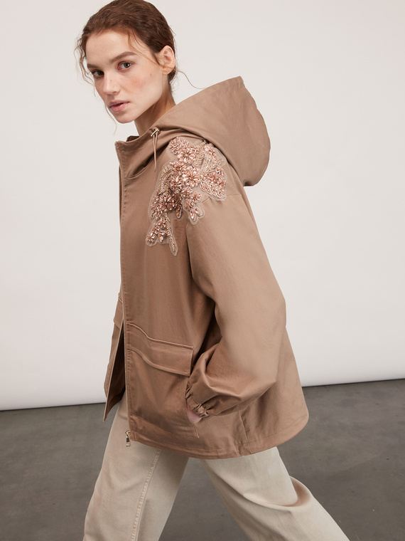 Technical fabric jacket with side embroidery