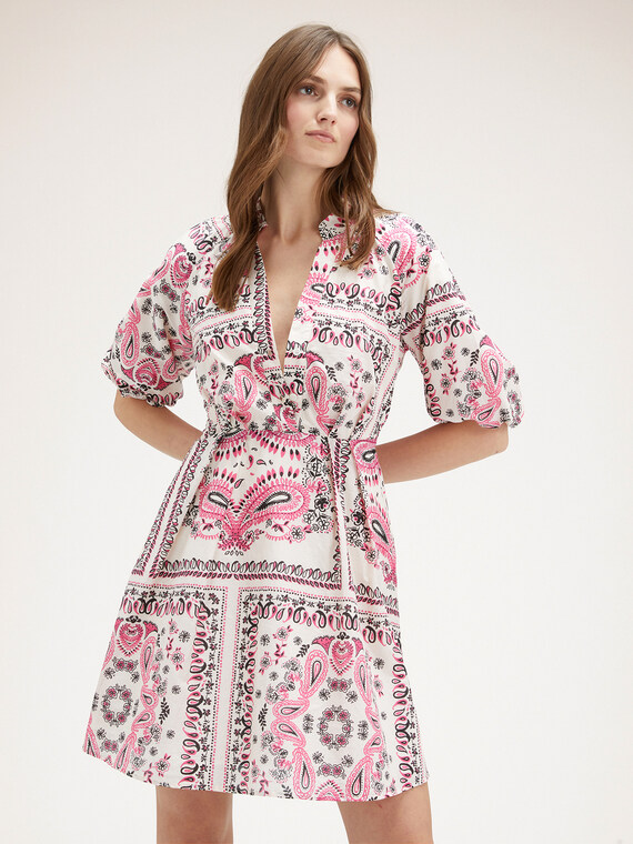Foulard-patterned flared short dress