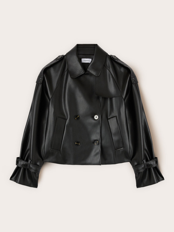 Short double-breasted trench coat in coated fabric