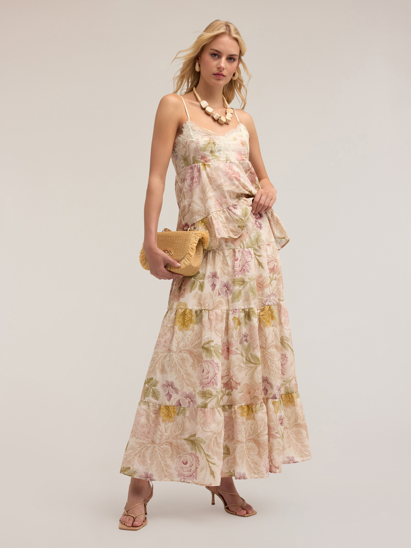 Long flounced skirt with floral pattern image number 0