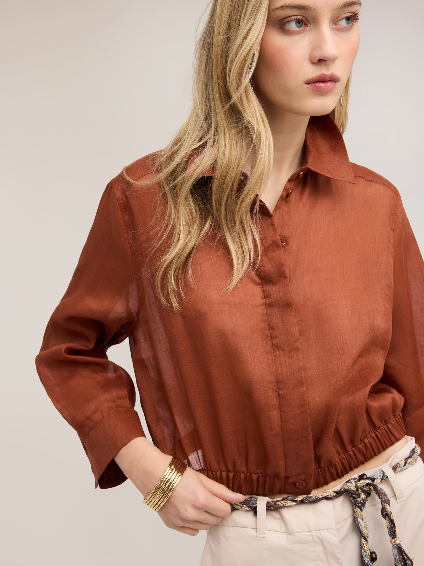Short shirt in ramie muslin image number 0
