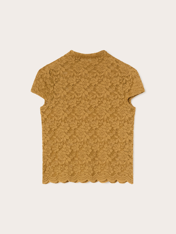 Lace t-shirt with high neck and scalloped hem