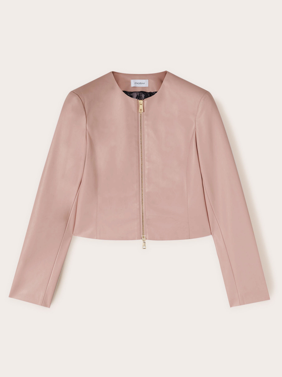 Collarless jacket in coated fabric