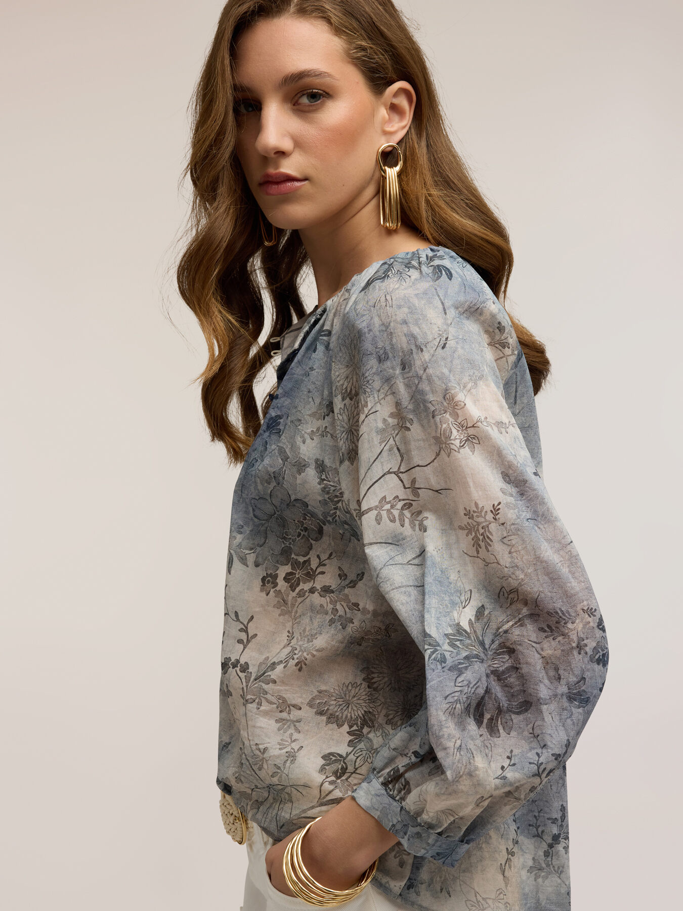 Cotton muslin blouse with print image number 3