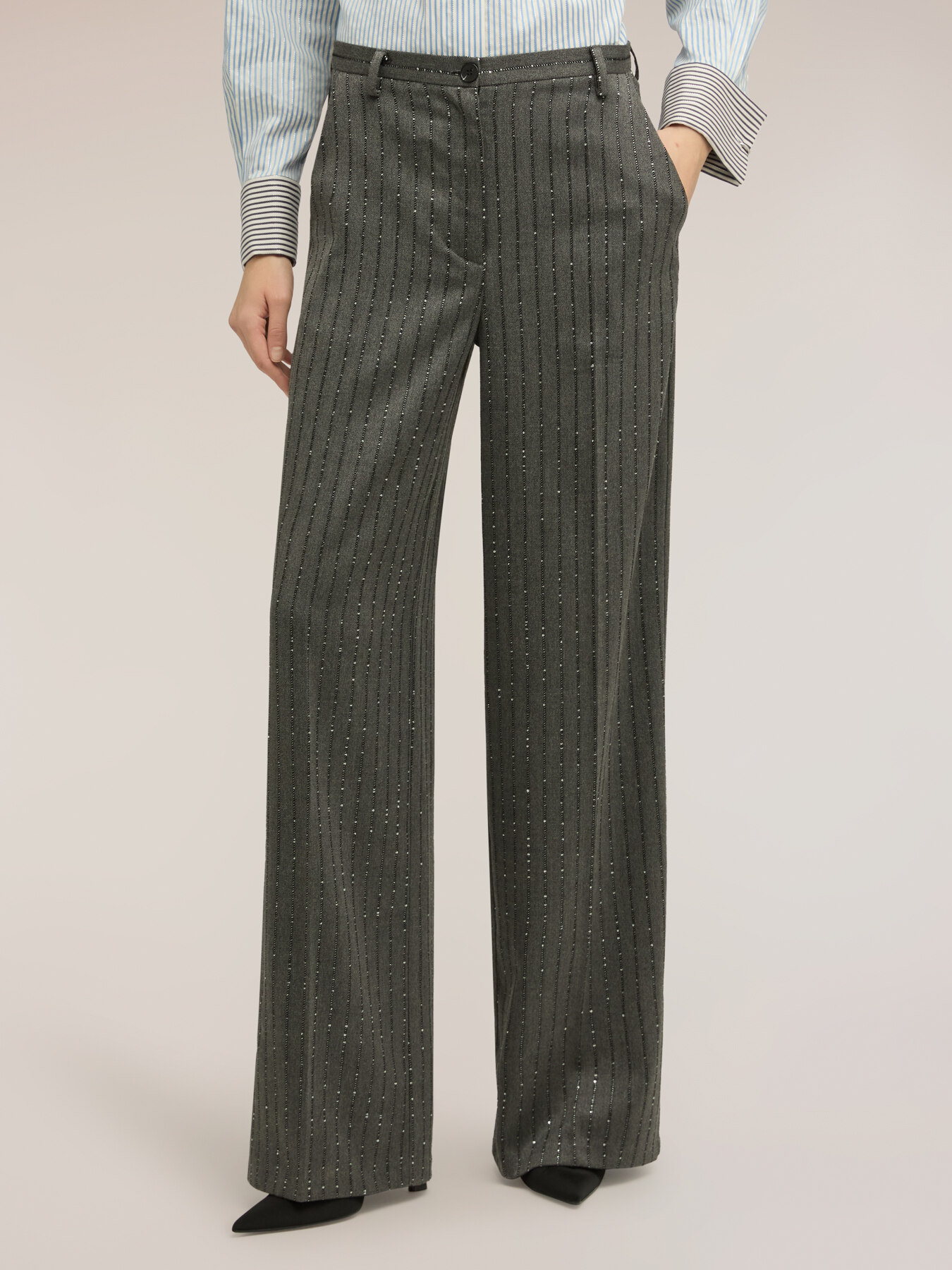Pinstripe palazzo pants with micro sequins image number 2