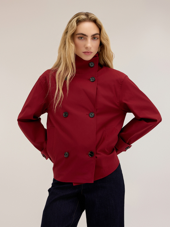 Double-breasted trench coat with high collar