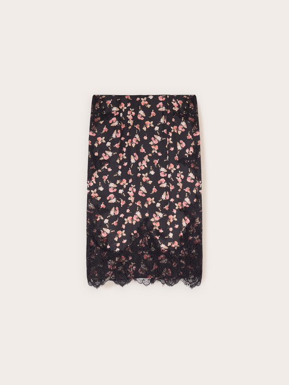 Pencil skirt in georgette with floral print and lace