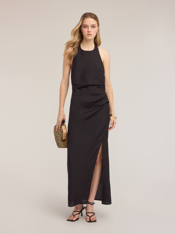 Robe longue en m&eacute;lange de lin avec drap&eacute;