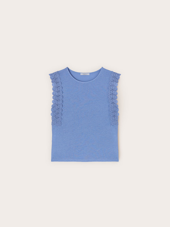 Mixed linen T-shirt with lace inserts